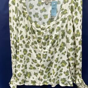 LOFT Olive and Cream Button-Down Blouse